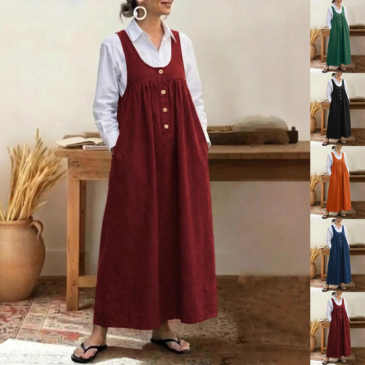 Loose Overalls Dress Casual U-neck Button Pockets Dresses Summer Spring Clothing