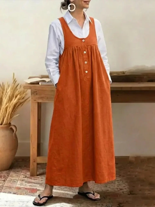 Loose Overalls Dress Casual U-neck Button Pockets Dresses Summer Spring Clothing